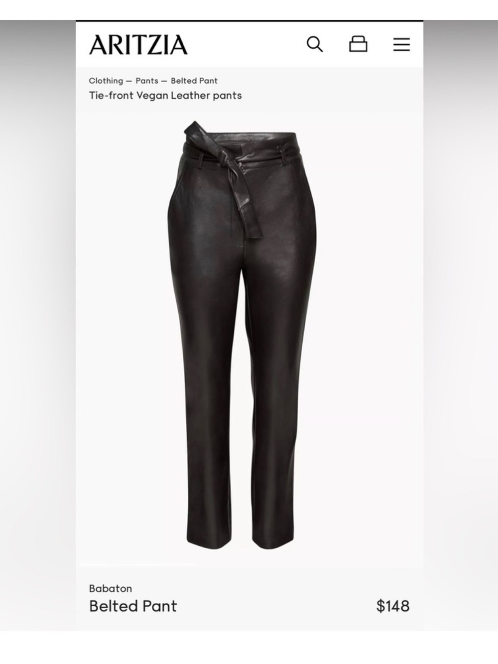 Babaton Black Tie-Waist Vegan Leather Belted Pants